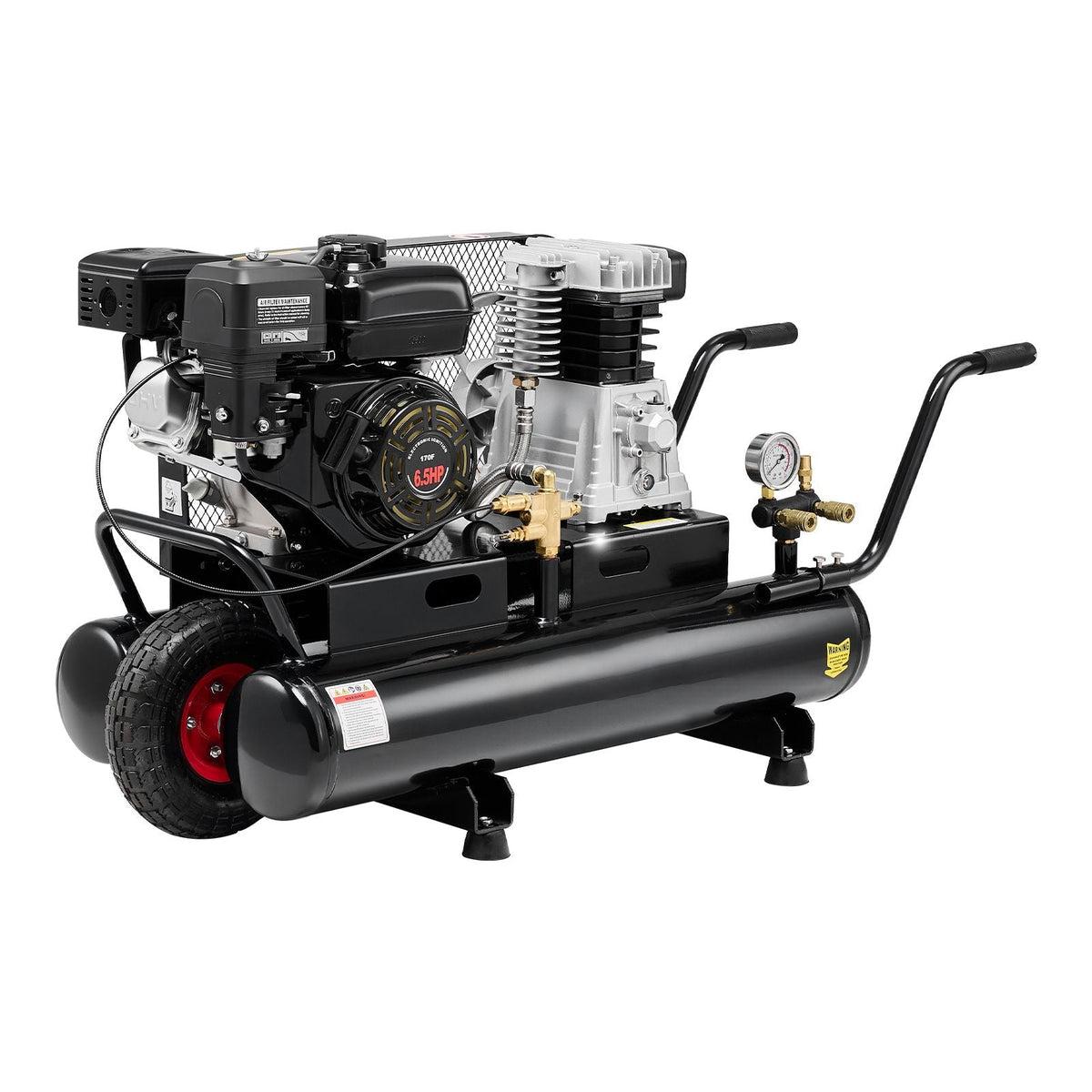 9 Gallon Twin-Tank Gas Powered Air Compressor, 6.5HP 9CFM Gas Driven Air Compressor Tank on Wheel, Max 115PSI Piston Pump Air-Compressed System for Tire Inflation, Auto Repairs, Spray Painting