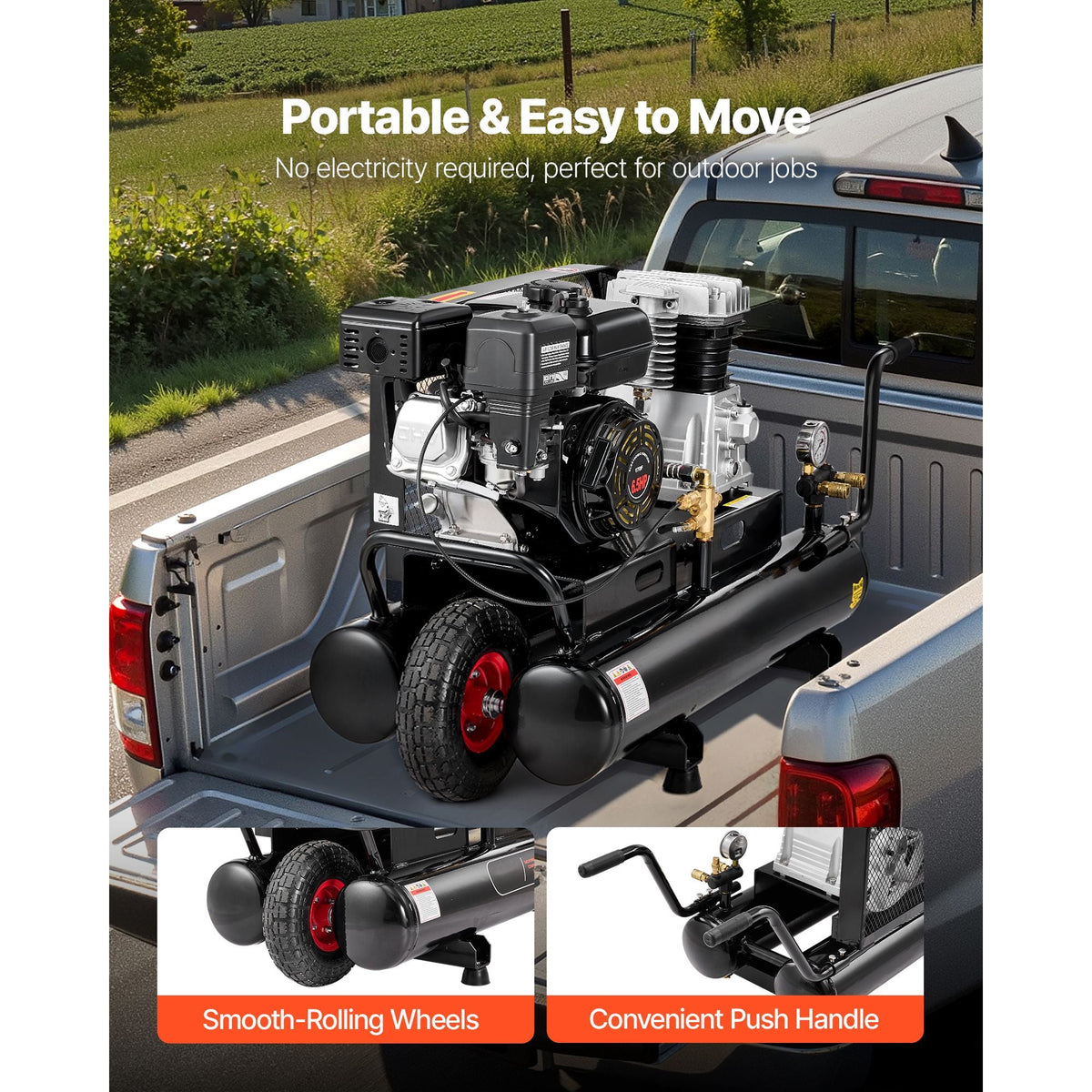9 Gallon Twin-Tank Gas Powered Air Compressor, 6.5HP 9CFM Gas Driven Air Compressor Tank on Wheel, Max 115PSI Piston Pump Air-Compressed System for Tire Inflation, Auto Repairs, Spray Painting