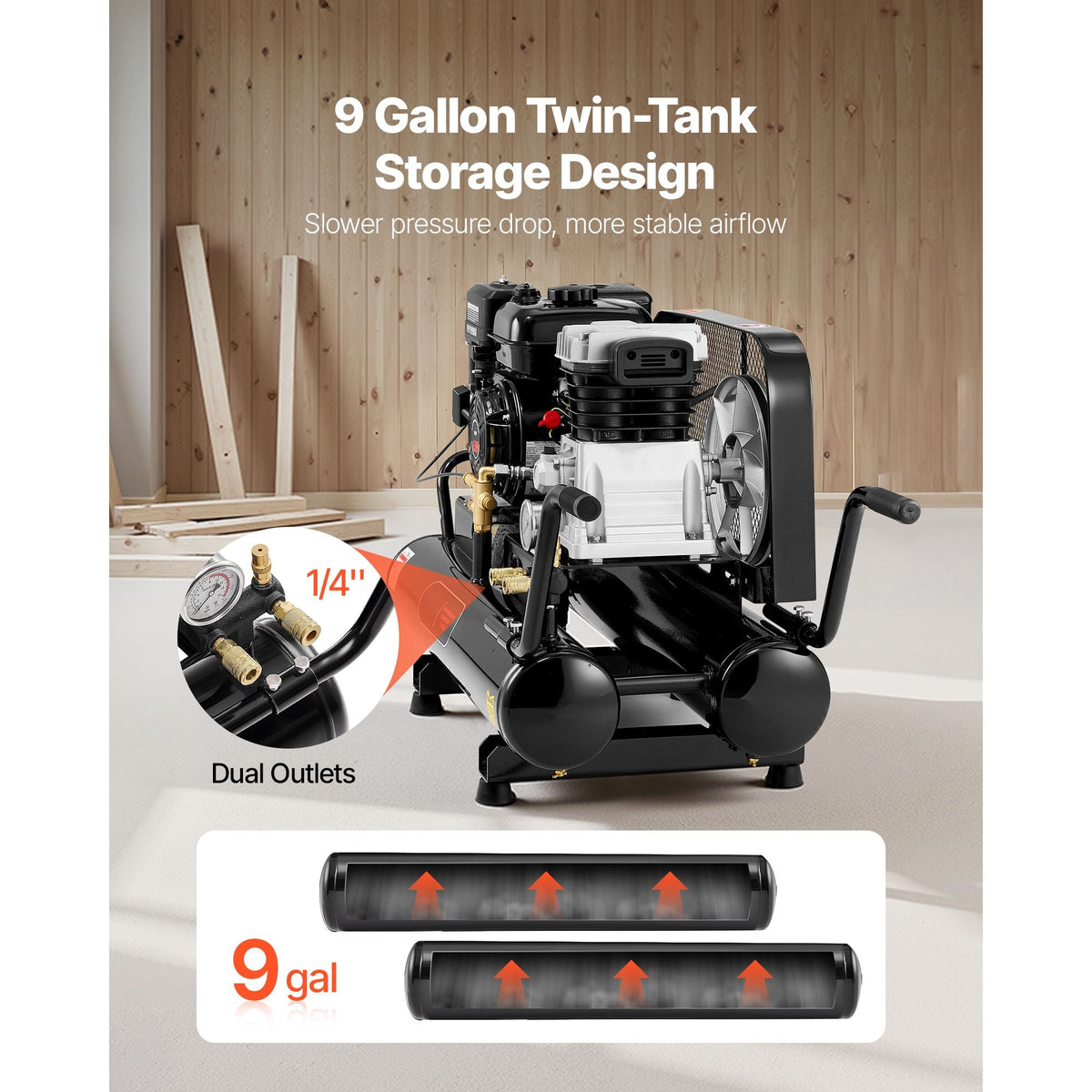 9 Gallon Twin-Tank Gas Powered Air Compressor, 6.5HP 9CFM Gas Driven Air Compressor Tank on Wheel, Max 115PSI Piston Pump Air-Compressed System for Tire Inflation, Auto Repairs, Spray Painting