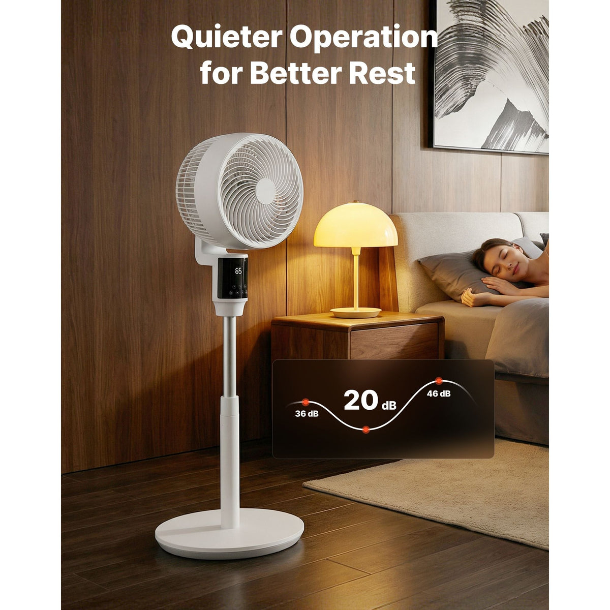 9-Inch Pedestal Fan, 80° Oscillating Standing Floor Fan with Quite DC Motor, Remote Control, 9 Speeds & 4 Smart Modes, 24H Timer, Adjustable Height, for Home, Bedroom, Living Room, White