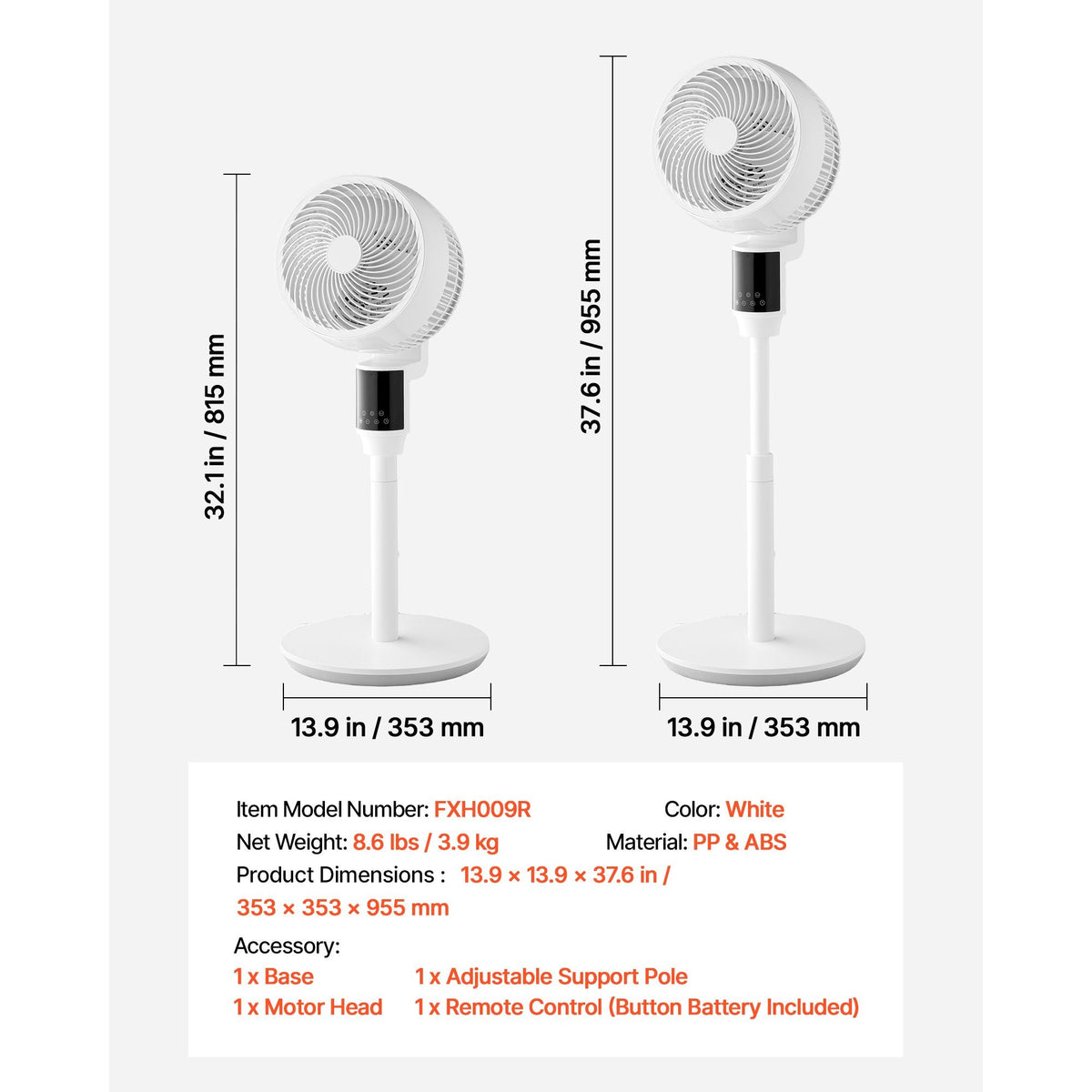 9-Inch Pedestal Fan, 80° Oscillating Standing Floor Fan with Quite DC Motor, Remote Control, 9 Speeds & 4 Smart Modes, 24H Timer, Adjustable Height, for Home, Bedroom, Living Room, White