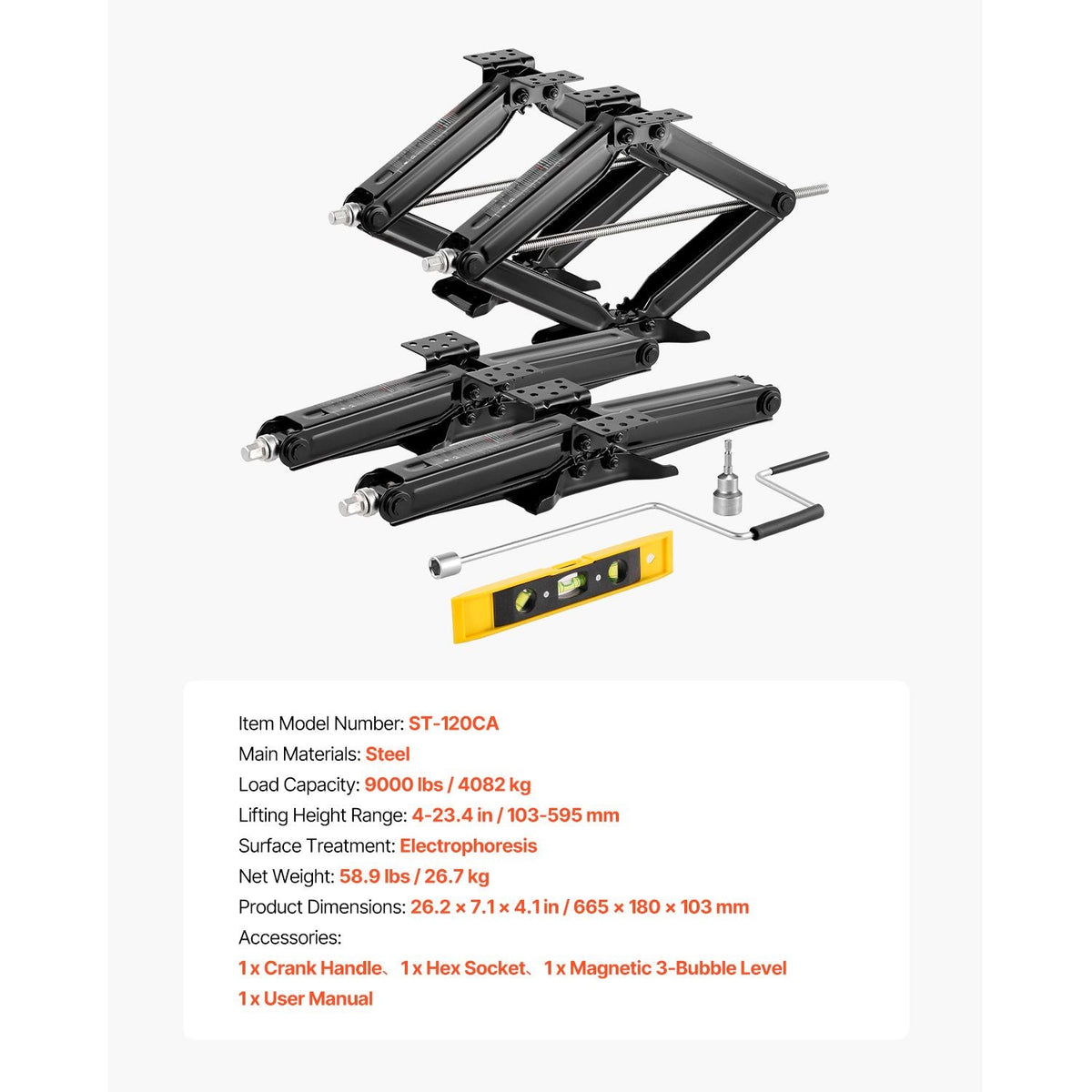 9000 lbs RV Scissor Jacks, 4-23.4 in RV Stabilizer Leveling Scissor Jacks, Set of 4, Heavy Duty Stabilizer Jack with Crank Handle, Socket and Bubble Levels, Not Easily Bent or Deformed