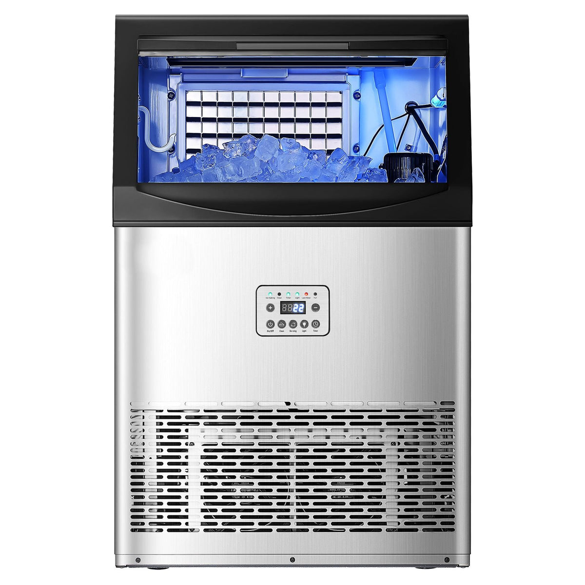 90lbs/24H Commercial Ice Maker Machine, 33lbs Storage Capacity Ice Maker with Drain Pump, 50 Ice Cubes in 15 Minutes, LED Digital Display Freestanding Self-Cleaning for Bar Office Restaurant