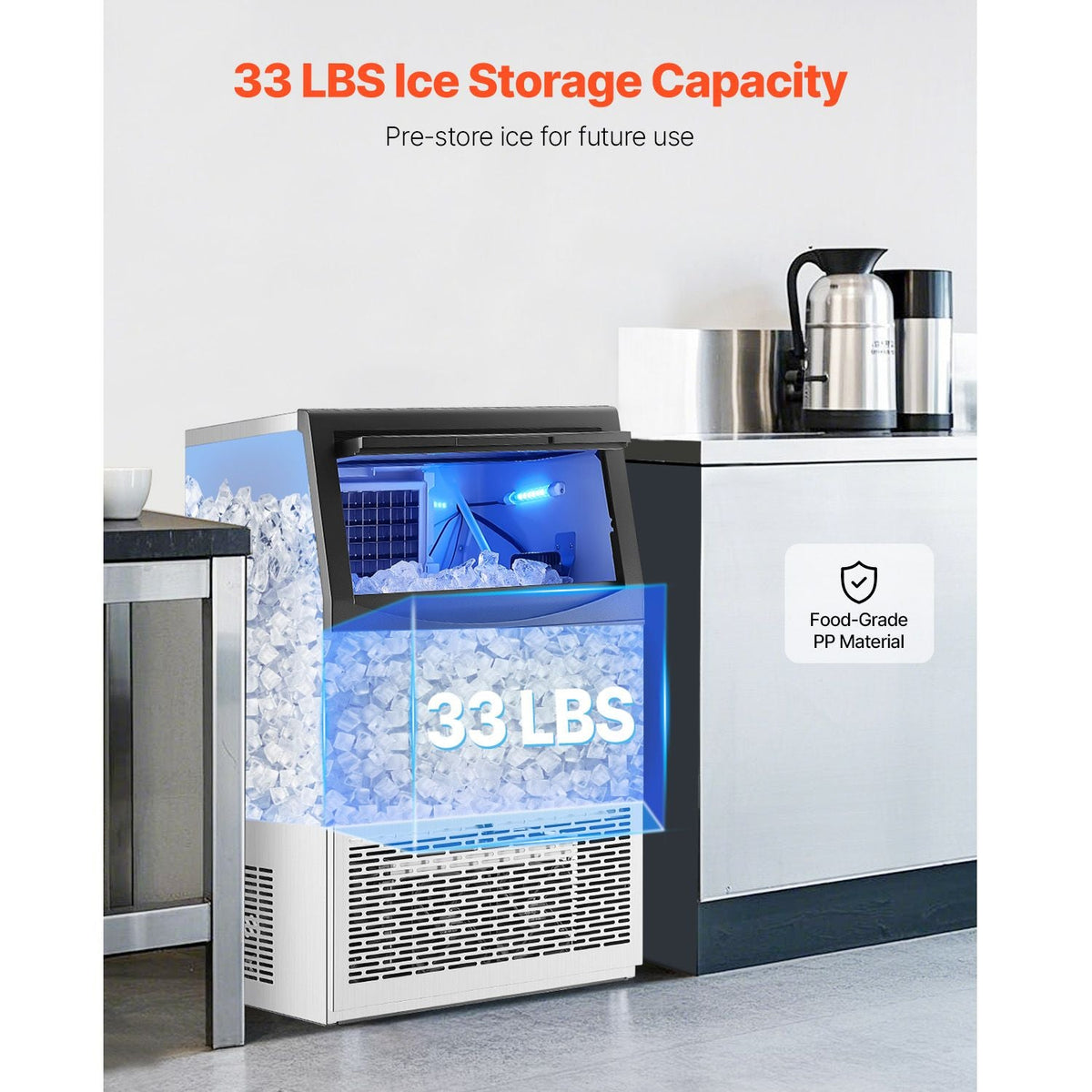 90lbs/24H Commercial Ice Maker Machine, 33lbs Storage Capacity Ice Maker with Drain Pump, 50 Ice Cubes in 15 Minutes, LED Digital Display Freestanding Self-Cleaning for Bar Office Restaurant