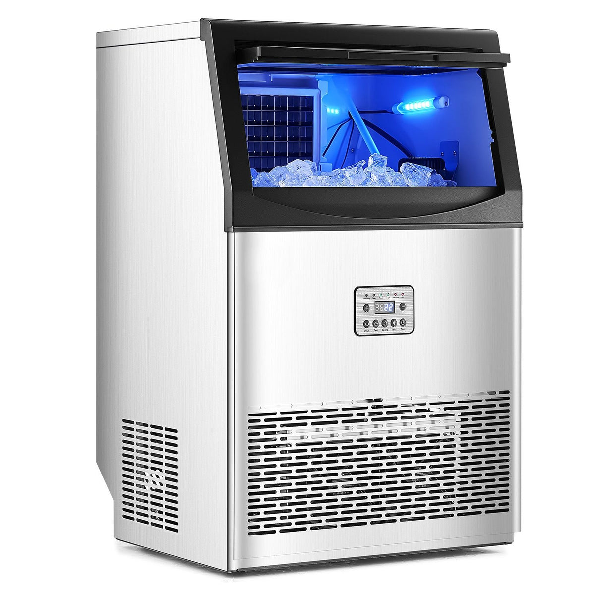 90lbs/24H Commercial Ice Maker Machine, 33lbs Storage Capacity Ice Maker with Drain Pump, 50 Ice Cubes in 15 Minutes, LED Digital Display Freestanding Self-Cleaning for Bar Office Restaurant
