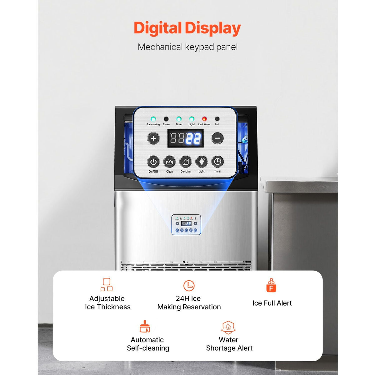90lbs/24H Commercial Ice Maker Machine, 33lbs Storage Capacity Ice Maker with Drain Pump, 50 Ice Cubes in 15 Minutes, LED Digital Display Freestanding Self-Cleaning for Bar Office Restaurant