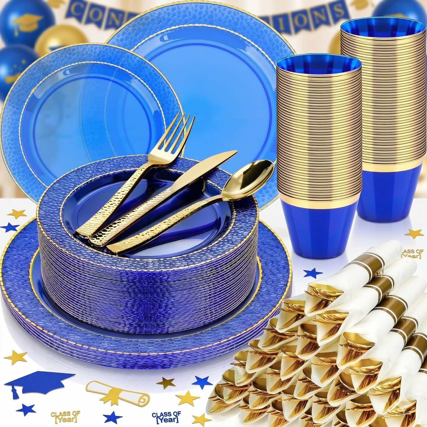 350PCS Clear Blue Plastic Plates for 50 Guests, Disposable Dinnerware Set for Party and Graduation, Includes 100 Plastic Plates, 50 Pre Rolled Napkins with Gold Silverware, 50 Cups