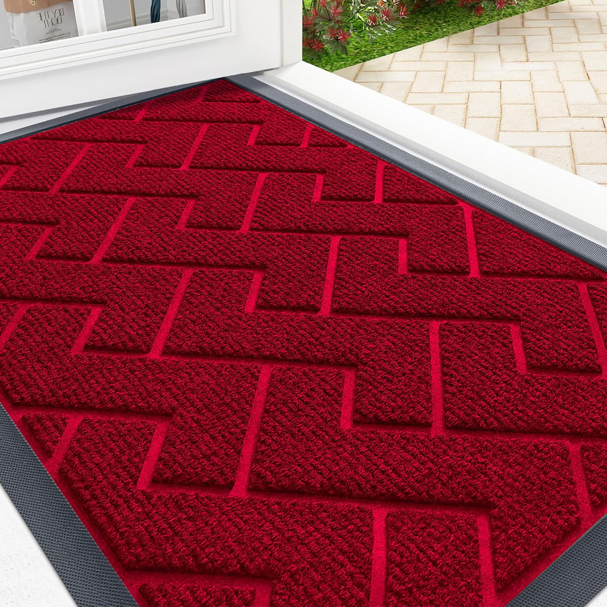 OLANLY Front Door Mat Indoor Outdoor Entrance, Waterproof All-Season, All-Weather Doormat, Sturdy Natural Rubber, Low Profile, Easy Clean Patio Porch Entryway Mat, Herringbone Brick (Wine Red, 47x23)
