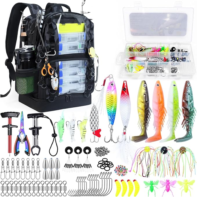 Fishing Backpack with Tackle Boxes,45L Large Tackle Bag with Cooler & Fishing Gear Kit,Waterproof Tackle Backpack for Gift with Fishing Lures, Fishing Pliers,Camouflage