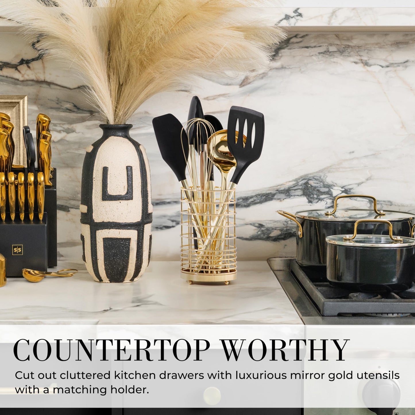 Styled Settings Black and Gold Cooking Utensils Set - 7-Piece Silicone Utensils Set Include Spatula Holder for Nonstick Cookware and Modern Kitchens - Stylish Black and Gold Kitchen Accessories