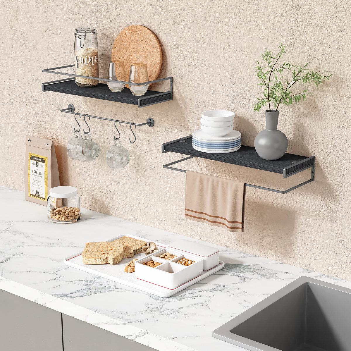Forbena Black Floating Shelves for Bathroom Wall Set of 2, Kitchen Spice Rack Wall Mount, Modern Wood Hanging Wall Shelves for Bedroom Organizer, Restroom Pantry Closet Storage (Grey-Black)
