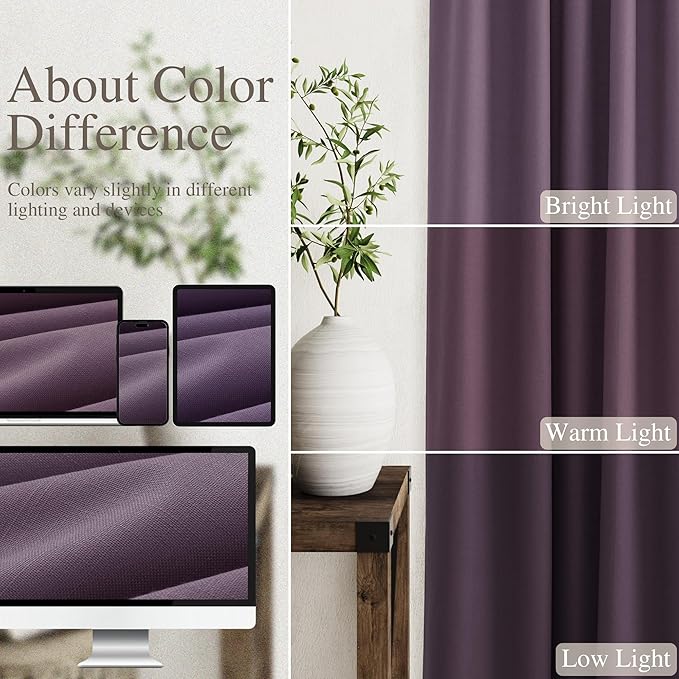 Nanspring Plum Linen Blackout Curtains 90 Inches Long Back Tab Rod Pocket Noise Reducing Sound Absorbing Light Blocking 2 Panels Set for Dining Room Modern Farmhouse Curtains Drapes 52x90
