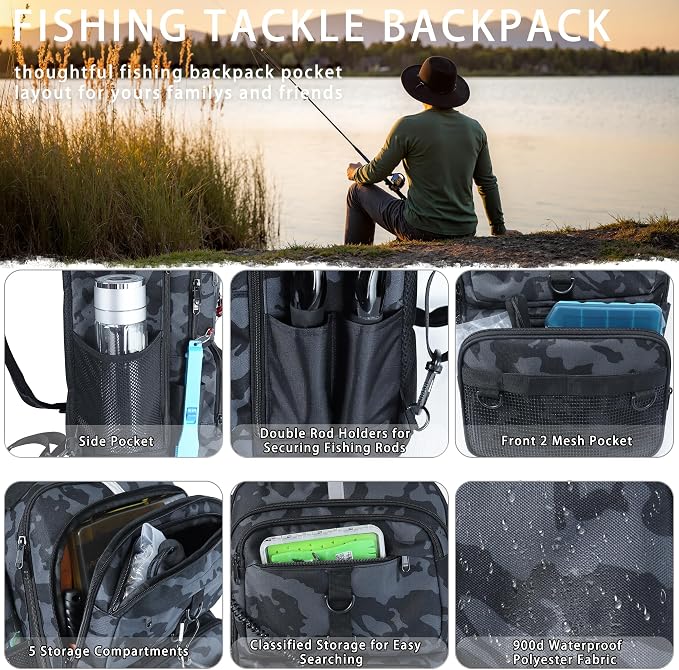 Fishing Backpack with Tackle Boxes and Rod Holder, 24L Fishing Sling Bag with Fishing Lures Kit, Fishing Gear Bag Gifts for Men Women - Camo Backpack