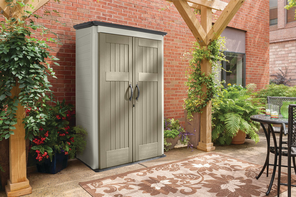 Rubbermaid Vertical Resin Outdoor Storage Shed With Floor (4 x 2.5 Ft) Weather Resistant Beige/Brown Organization for Home/Backyard/Pool Chemicals/Toys/Garden Tools/Porch/Patio Cushions