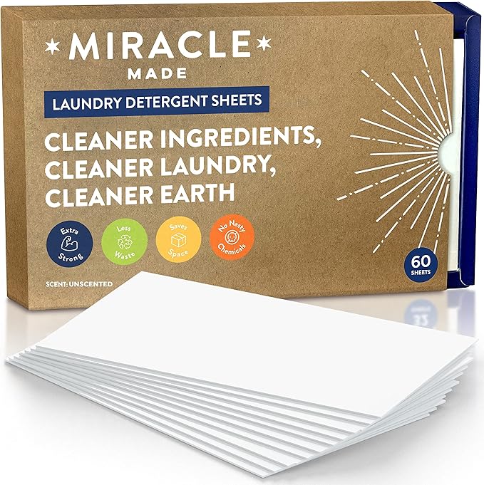 Miracle Made Liquidless Laundry Detergent Sheets – Eco-Friendly, Gentle Fabric Softener – No Dye, Bleach, or Paraben – 60 Strips (120 Loads) – Unscented