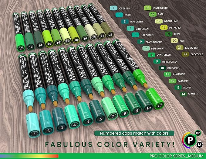 TOOLI-ART 22 Acrylic Paint Markers Paint Pens Pro Color Series Set 3mm Medium Tip for Rock Painting, Glass, Mugs, Wood, Metal, Glass Paint, Canvas, DIY. Non Toxic, Waterbased, Quick Drying (GREENS)