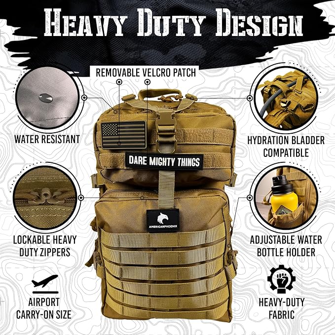 AMERICANPHOENIX 45L Elite Tactical Backpack | 3X Stronger Work & Military Backpack | Water Resistant and Heavy Duty | 3 Day MOLLE Bug Out Bag (Dune Brown)