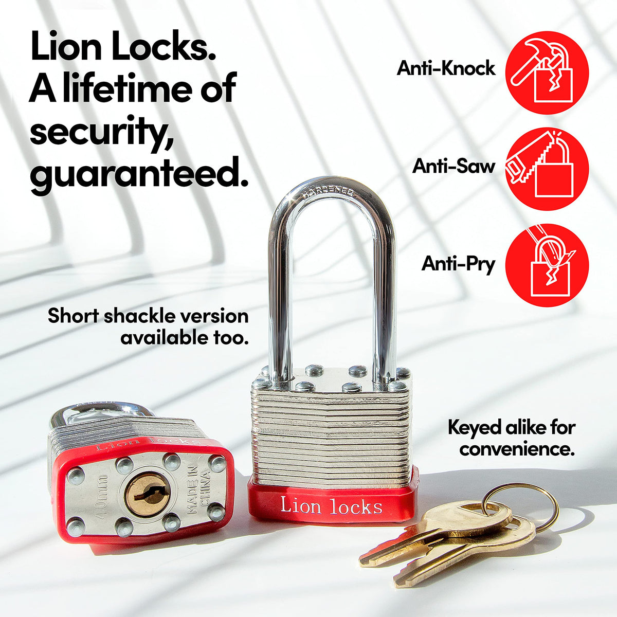 Lion Locks 24 Keyed Alike Padlocks with 2" Long Shackle, 48 Keys - Padlocks for Outdoor Use, Locks with Keys, Hardened Steel Case, Pick Resistant Brass Pin Cylinder for Hasp Latch, Locker, Gate