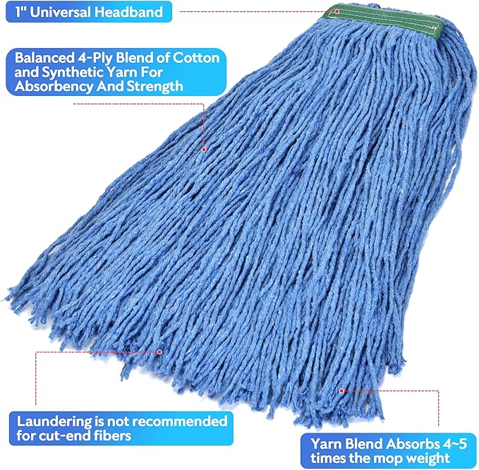 Matthew Cleaning 24oz 3Pack Cotton Floor Mop,Cotton Looped-Open String Heavy Duty String Refills, Universal Headband Blend ,Mop Head Replacement for Home, Industrial and Commercial Use(Blue)