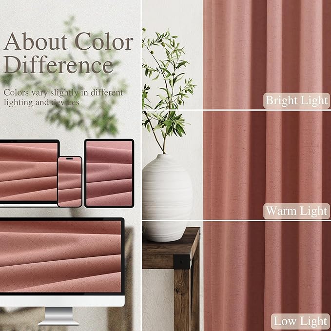 Linen Curtains 96 Inch Length 2 Panels Canyon Rose Boho Farmhouse Loop Pocket Rod Pocket Sound Proof Drapes Light Blocking Darkening Living Room Curtains for Bedroom and Dining Room 52X96