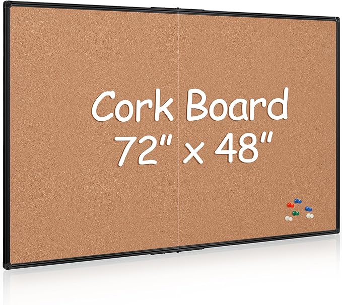 Board2by Extra Large Cork Bulletin Board 72" X 48", Foldable Notice Pin Board for Wall, Black Aluminium Framed 6'x4' Corkboard, Wall Mounted Noticeboard with 32 Push Pins for School, Home & Office