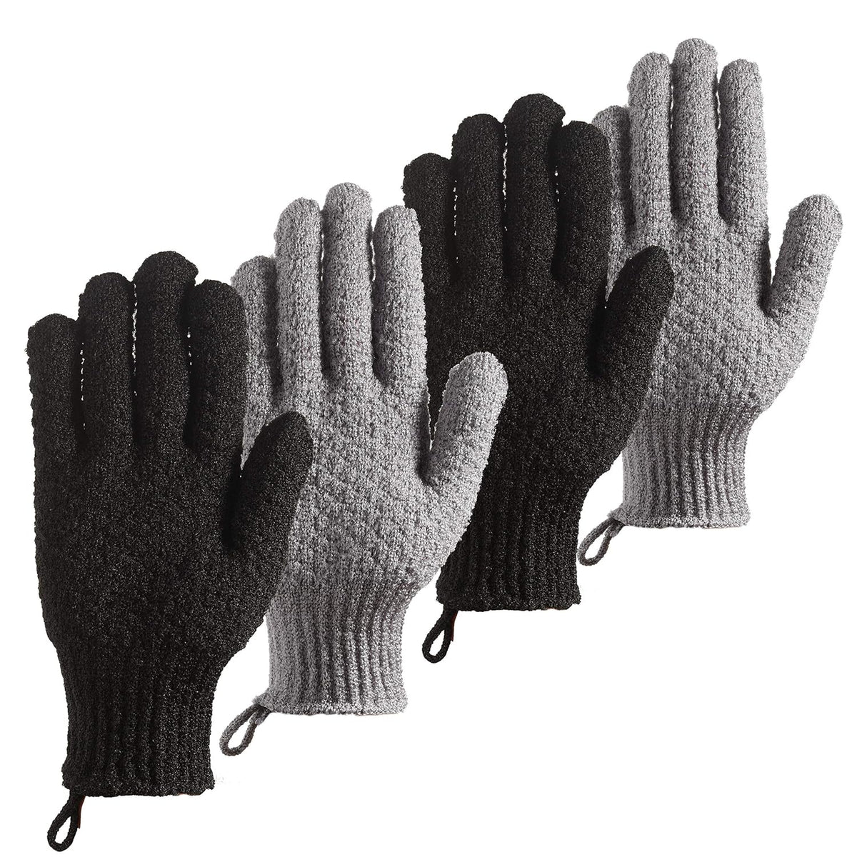 Bath Exfoliating Gloves - 4 Pcs Lengthened and Large Scrubbing Gloves for Shower, Spa, Massage - Scrub Mitts for Body, Face, Hand and Foot (Black and Gray)