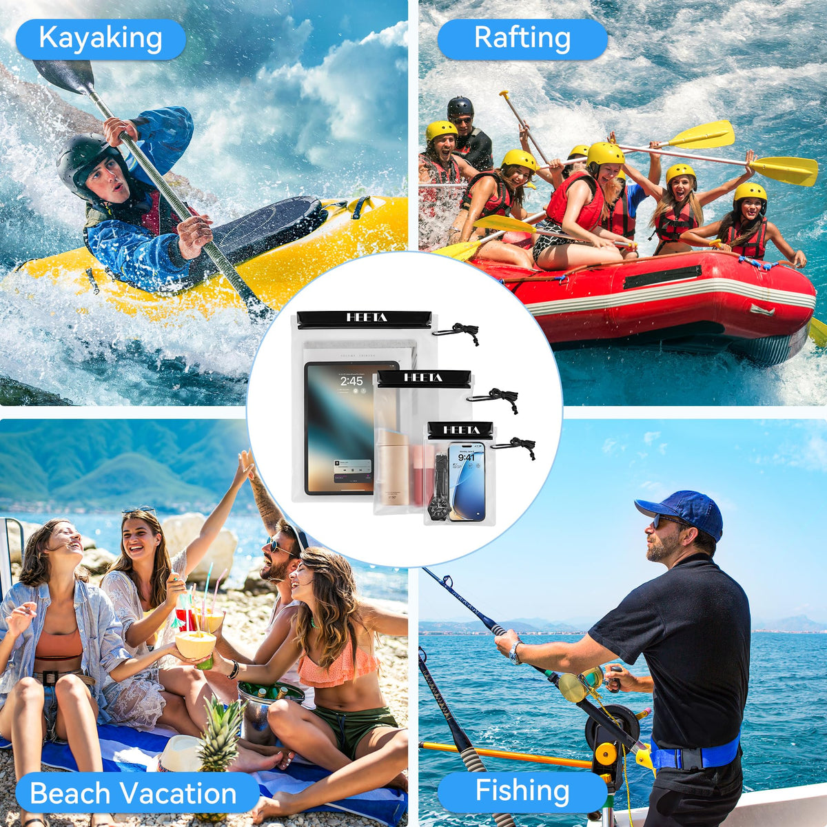 HEETA 5-Pack Clear Waterproof Dry Bag, Water Tight Cases Pouch Dry Bags for Camera Mobile Phone Maps, Kayaking Boating Document Holder (Black)