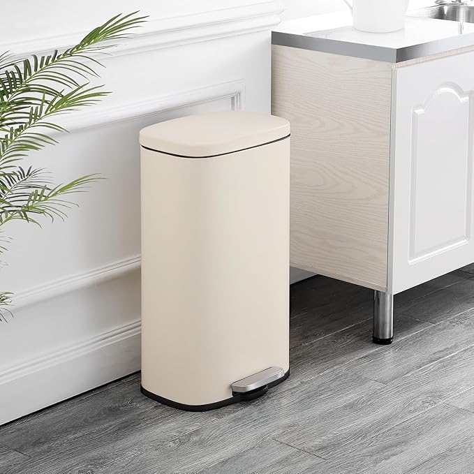 happimess HPM1011I Curtis 8-Gallon Step-Open Trash Can, Fingerprint Resistant, Modern, Minimalistic for Home, Kitchen, Laundry Room, Office, Bedroom, Bathroom, Limestone Beige