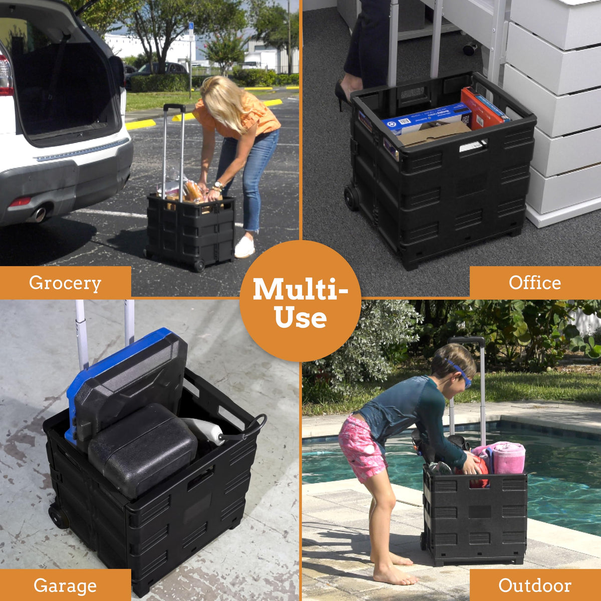 Inspired Living Ultra-Slim Rolling Collapsible Storage Pack-N-Roll Utility-carts, with Telescopic Handle, for Home, Garden, Shopping, Office, School use, Medium, Black