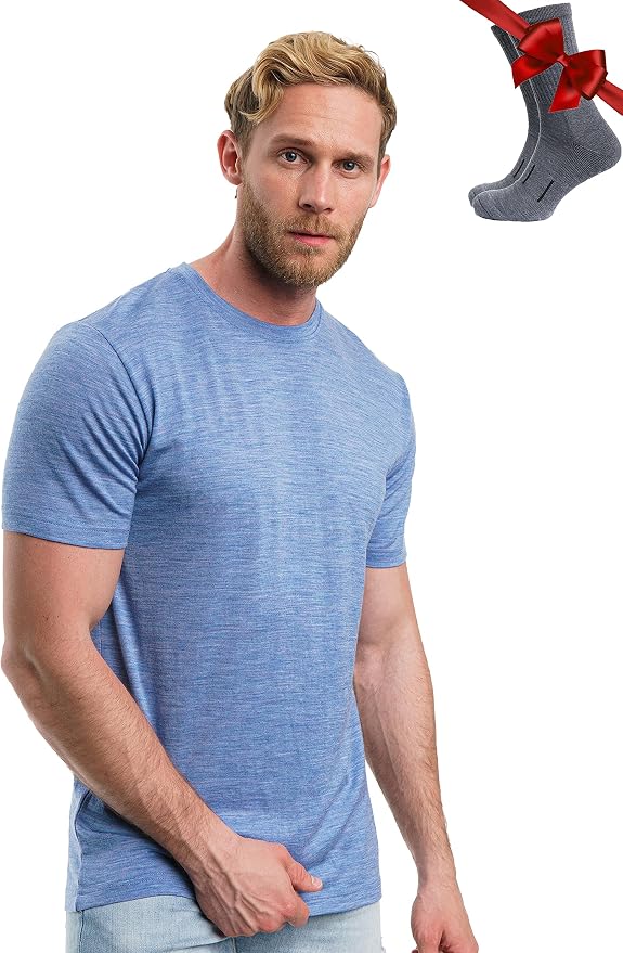 Merino Wool T-Shirt Mens - Merino Wool Undershirt Thermal Shirt for Men and Hiking Socks