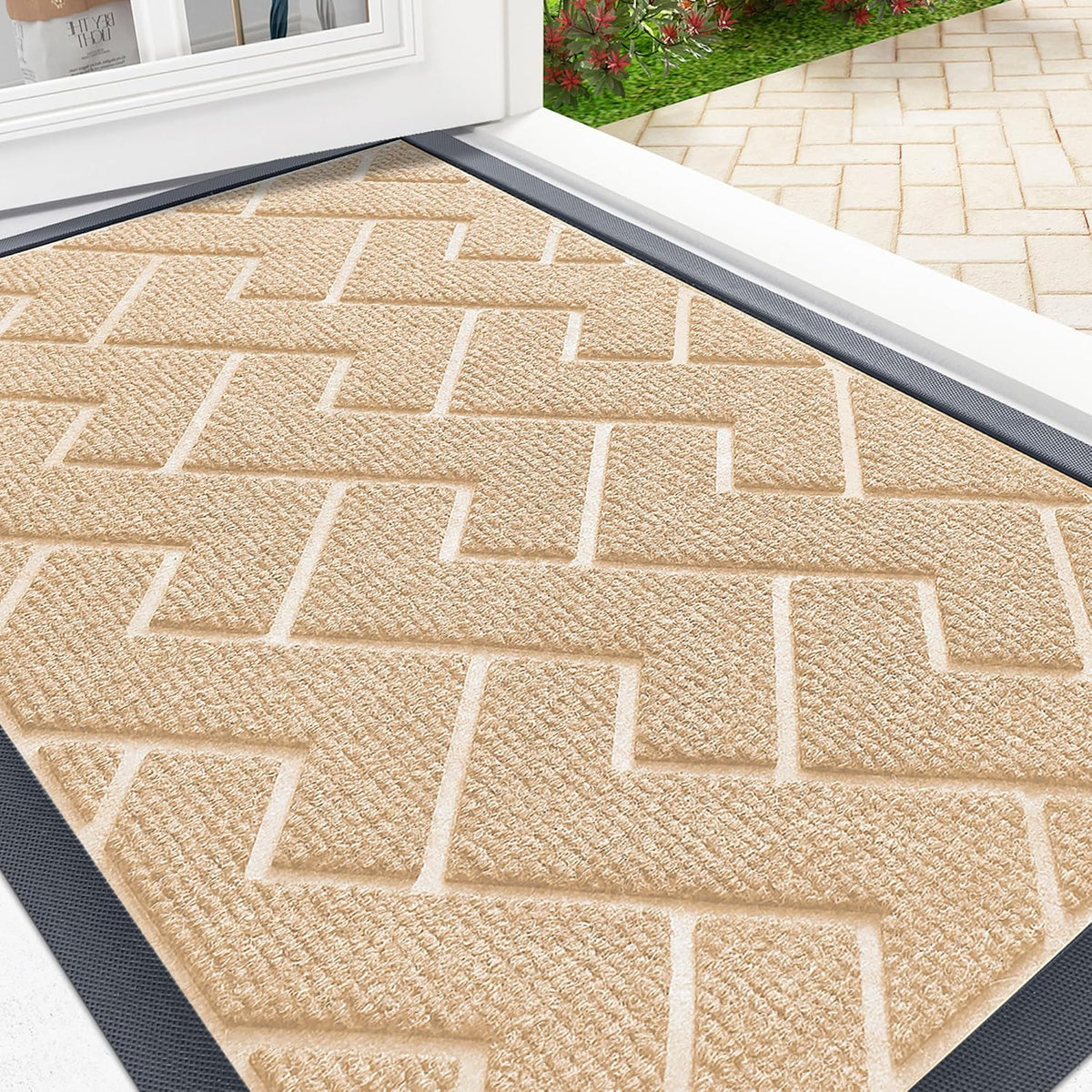 OLANLY Front Door Mat Indoor Outdoor Entrance, Waterproof All-Season, All-Weather Doormat, Sturdy Natural Rubber, Low Profile, Easy Clean Patio Porch Entryway Mat, Herringbone Brick (Beige, 29.5x17)