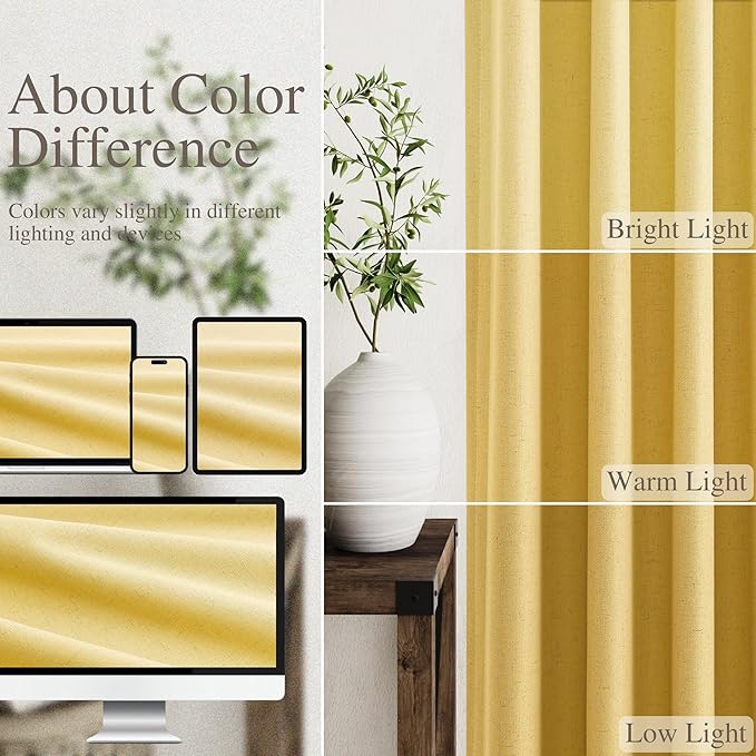 Gold Yellow Linen Curtains 120 Inches Long Back Tab Rod Pocket Thermal Insulated Noise Reducing Extra Long 10 FT Room Darkening 2 Panels Set for Living Room Elegant Modern Curtains Drapes 52x120