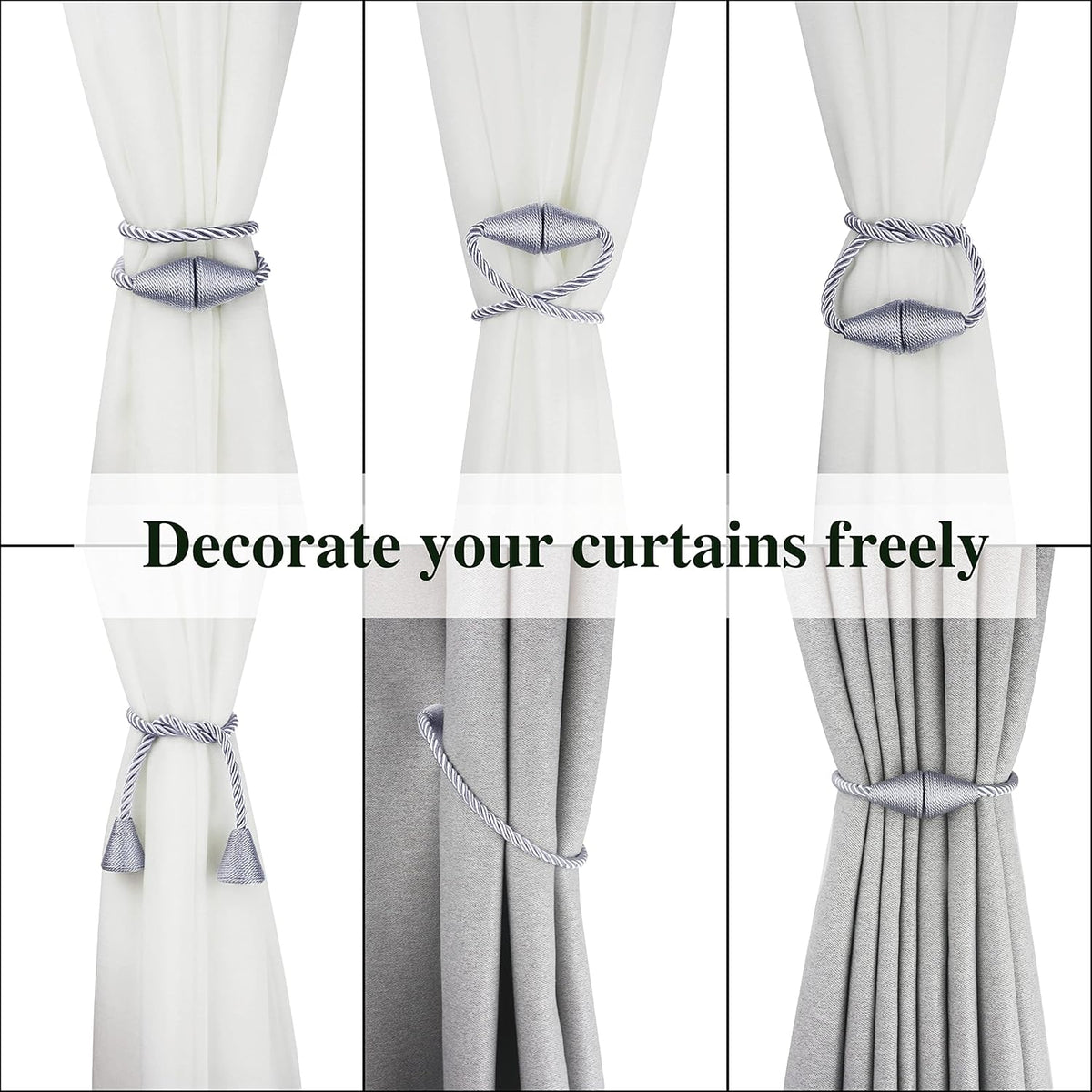 2 Pack Magnetic Curtain Tiebacks Rope Modern Handmade Curtain Tie Backs Decorative Drapes Weave Holdbacks for Window Décor, Grey