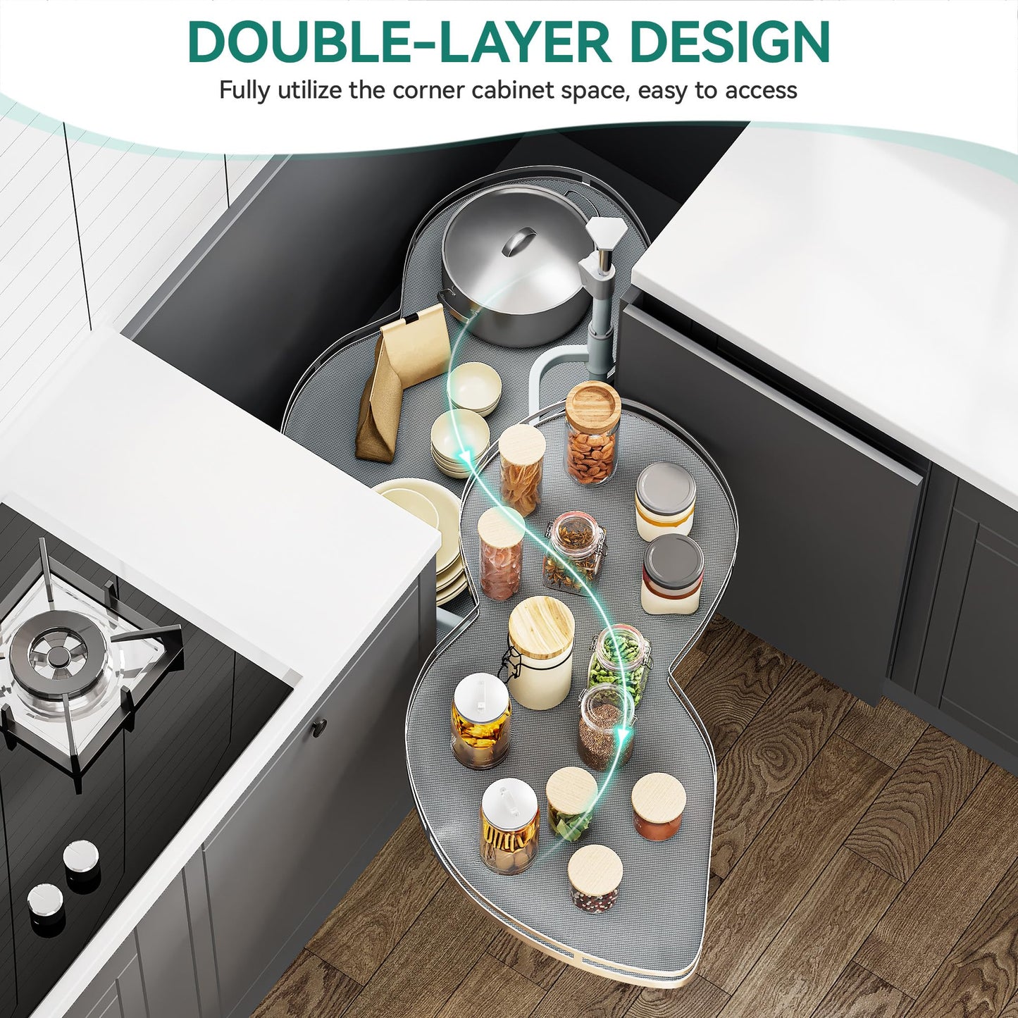 YITAHOME 32" Blind Corner Pull-Out Organizer, Soft-Close Swing-Out 2-Tier Height-Adjustable Lazy Susan, Left Swing Pull Out Organizer, Gray