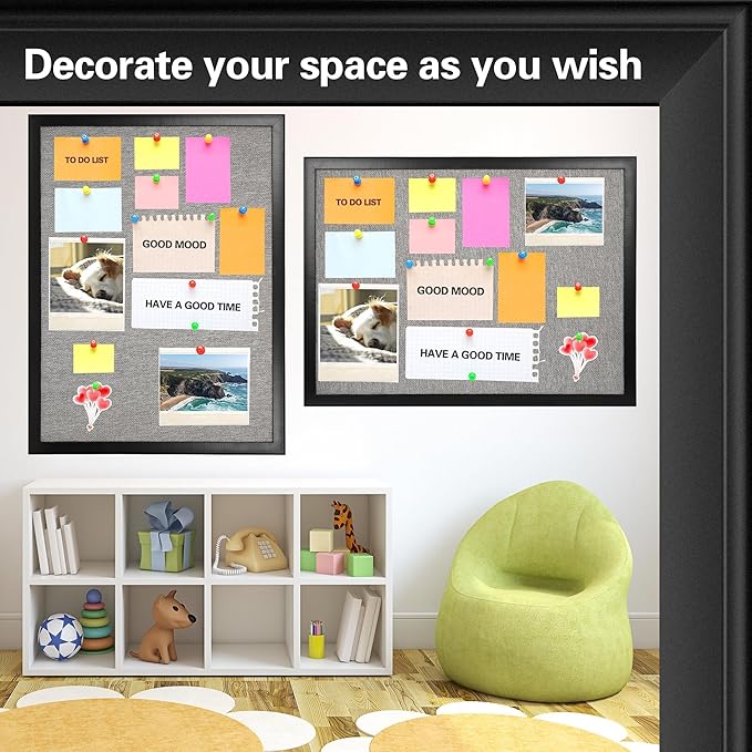 SHANTRA 36 x 24 Inch Bulletin Board with Grey Fabric, Wood Framed Canvas Cork Board, Corkboard for Walls with 10 Pins, Decorative Vision Board, Wall Mounted Notice Board for Home, Office, School