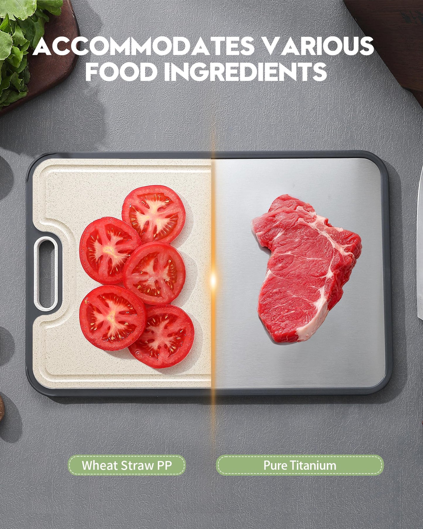 Titanium Cutting Board for Kitchen, Non Toxic Stainless Steel Cutting Board Double Sided, Food Grade Pure Titanium & Wheat Straw PP, Meat & Vegetable Chopping Boards, Scratch Resistant, Large 16”×11”