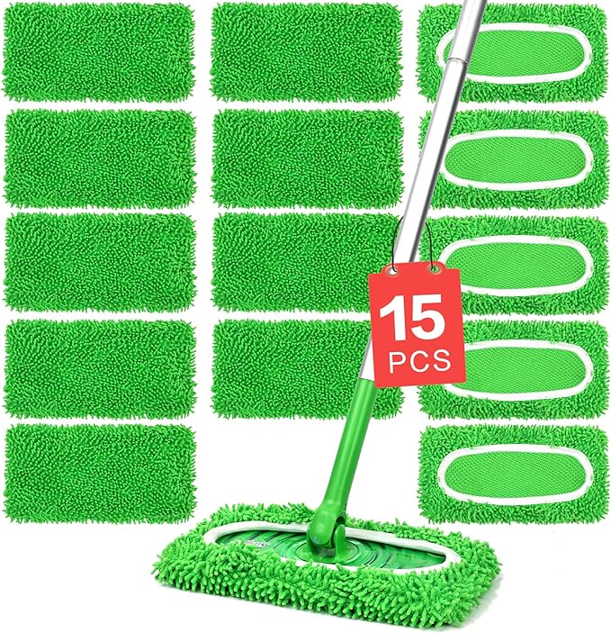 15Pcs Reusable Microfiber Mop Pads Compatible with Sweeper Mop, Replacement Wet Mopping pad Refills & Washable Dry Sweeping Cloths for Surface/Hardwood Floor Cleaning