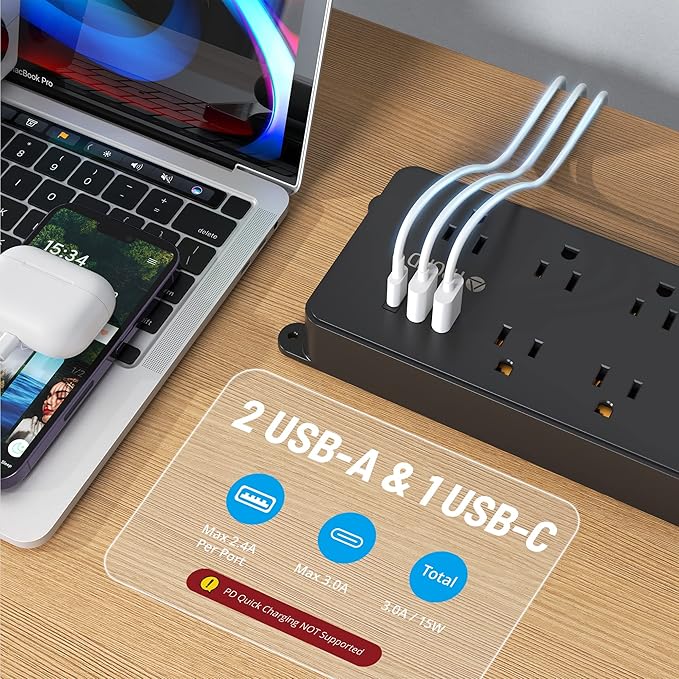TROND Power Strip Surge Protector, 7 Widely-Spaced Outlets, 2 USB-A & 1 USB-C, ETL Listed, Flat Plug 5ft Extension Cord, Wall Mountable, 1700J, 14AWG Heavy Duty, for Home Office Garage, Black