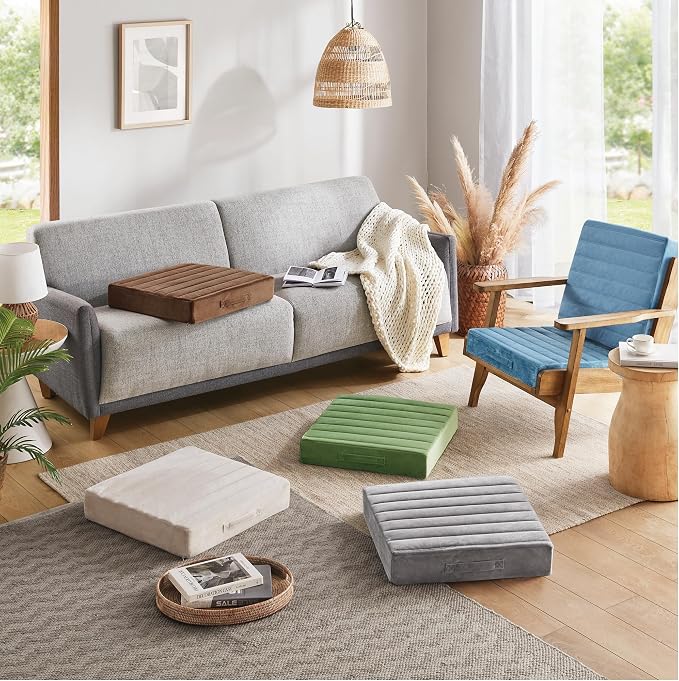 Codi High Density Foam Floor Pillow 2 Sets, Large Meditation Cushions Seating for Adults and Yoga Sitting, Washable Thick Couch Cushion with Soft Tufted Covers - 22 inch Blue