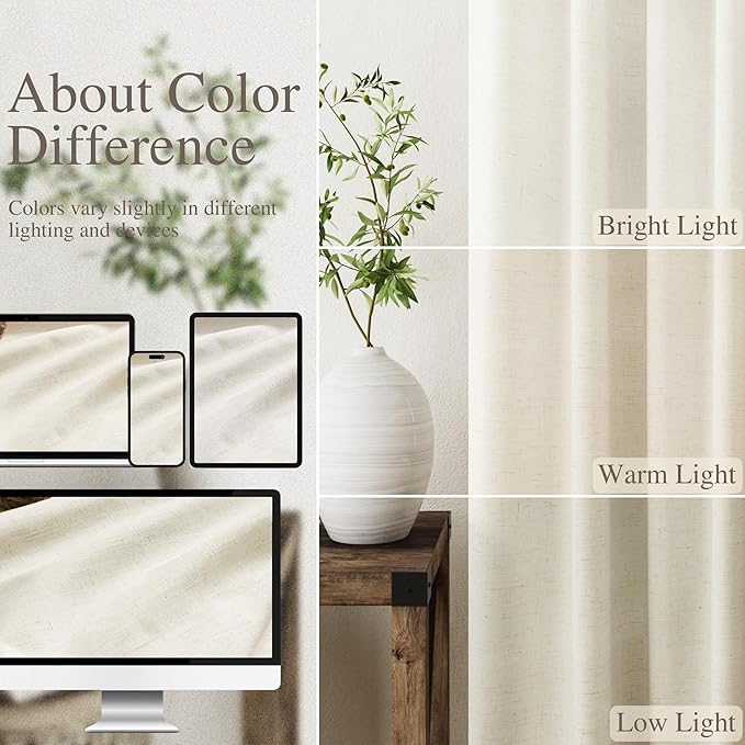 Nanspring Full Black Out Warm Beige Window Curtains 108 Inches Long Loop Pocket Rod Pocket Flax Linen Sound Proof Full Blackout 2 Panels Set for Nursery Modern Farmhouse Curtains Drapes 52x108