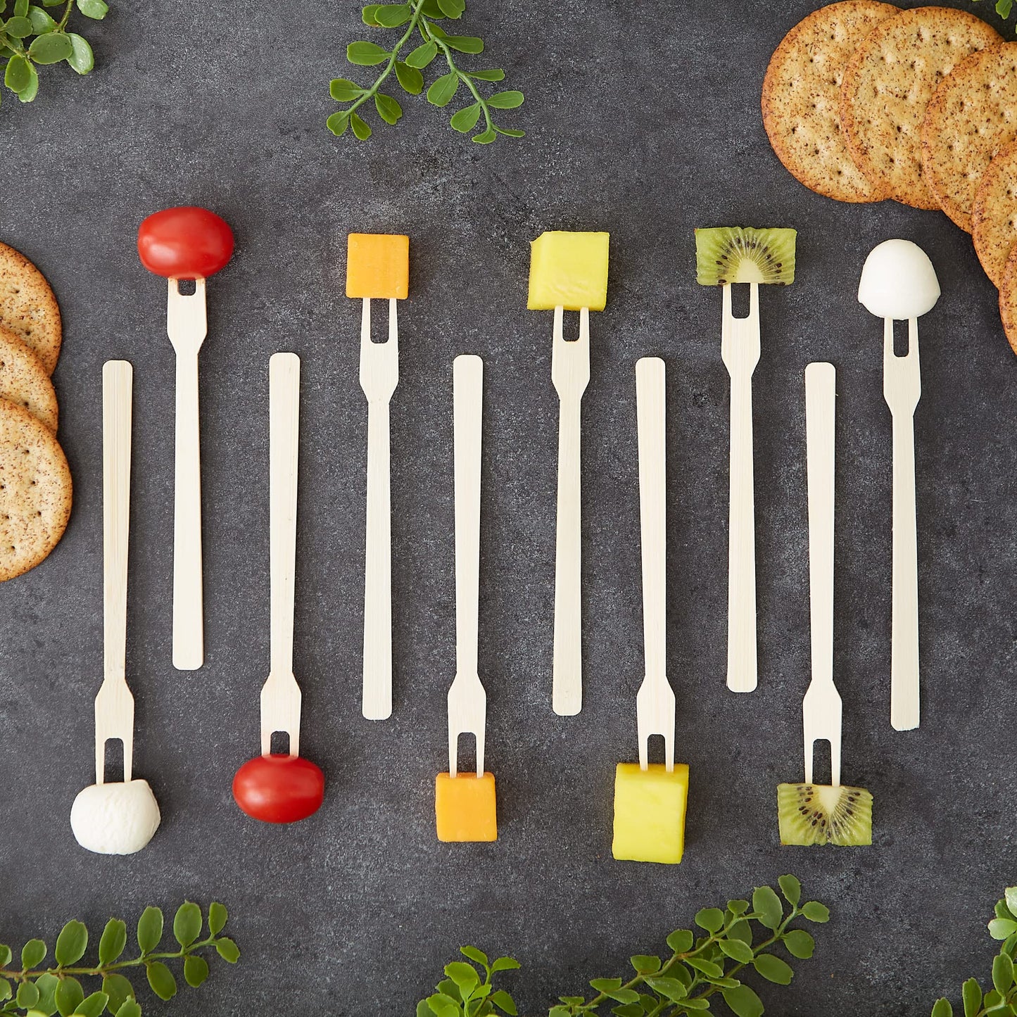 RSVP International Compostable Bamboo Serving & Cocktail Picks, Appetizer Fork, 50-Count, 6"