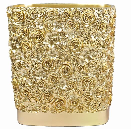 Hymmah Bathroom Trash Can 1.8 Gallon(7 Liter) Small Kitchen Garbage Can,Decor Wastebasket for Bedroom Office,Resin Hand-Carved Rose Flower Gold