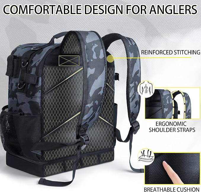 Fishing Tackle Backpack with Cooler,45L Large Tackle Bag with 2 Rod Holders & Clear Window,Outdoor Fishing Backpack for Fishing,Camping,Hiking,Camouflage Black