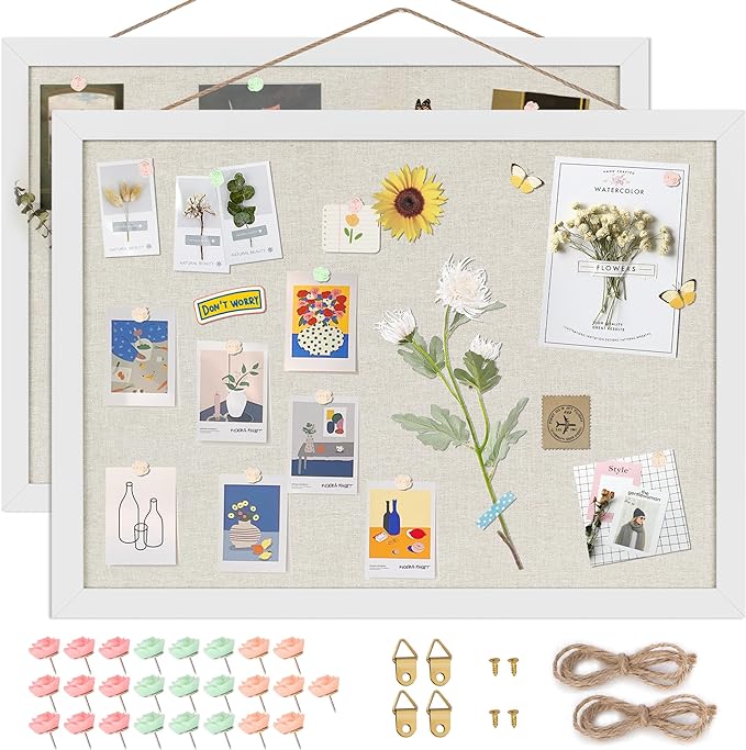 Cork Board Bulletin Board 16.7" x 11", 2-Pack Small Linen Corkboards with Frame for Walls, Cute Picture Display Pin Board Vision Board for Room School Office Bedroom 25 Pushpins Vintage White