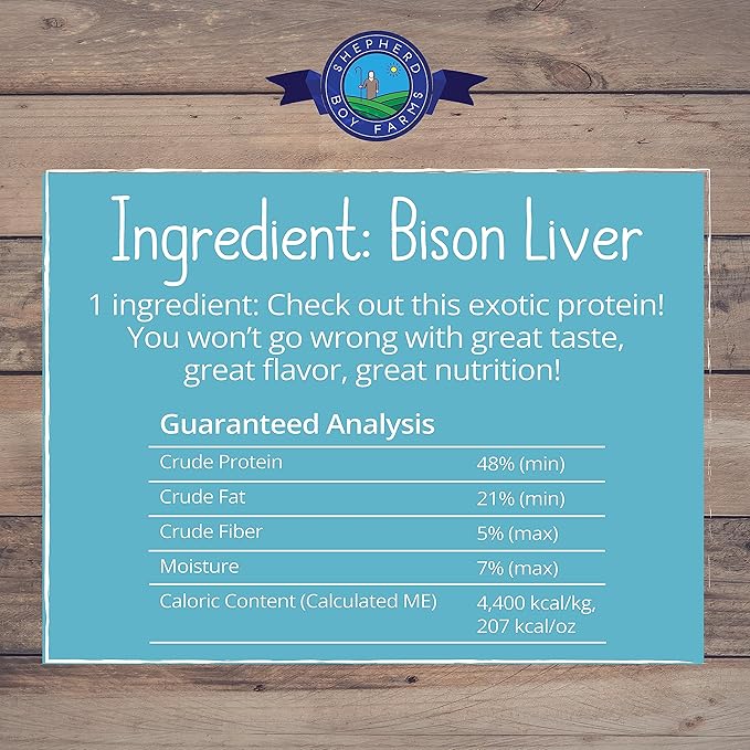 Shepherd Boy Farms Freeze Dried Dog and Cat Treats, Bison Liver, All Natural Freeze-Dried Dog Treat & Snacks, Made in USA, High in Protein, Essential Nutrition of Raw Food, 3oz