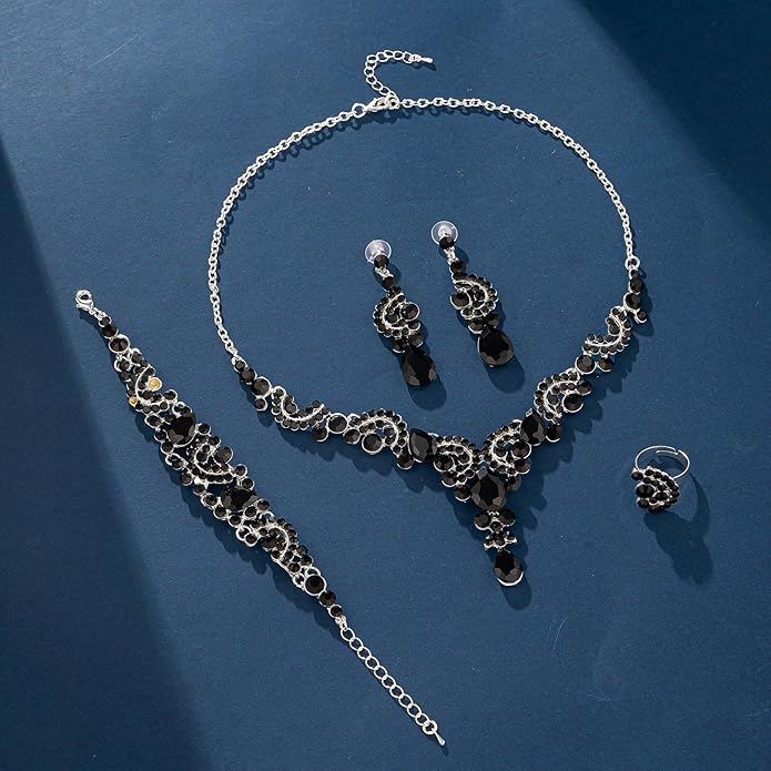 Crystal Bridal Wedding Jewelry Sets for Women Rhinestone Teardrop Crystal Statement Choker Necklace Drop Earrings Link Bracelets Rings Teardrop Jewelry Set for Brides Bridesmaids