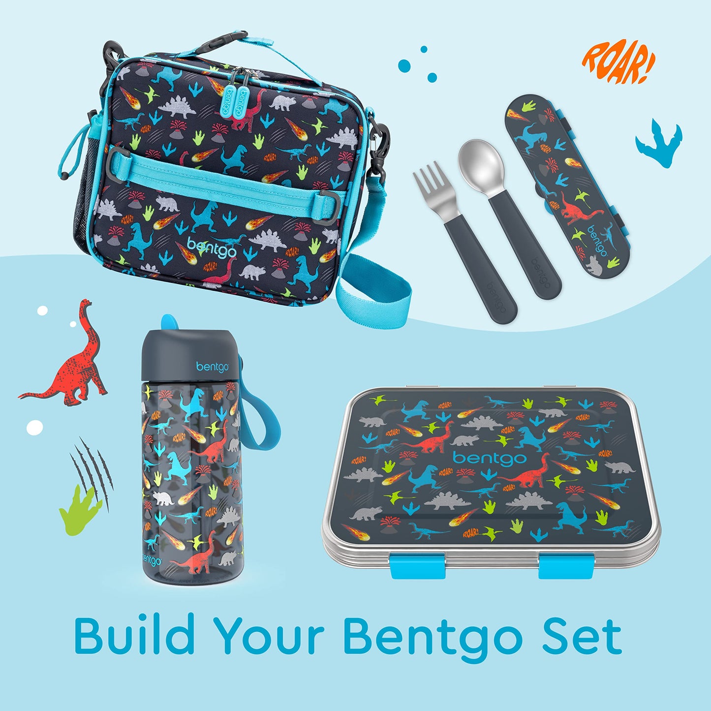 Bentgo Kids Stainless Steel Utensil Set - Reusable Fork, Spoon & Storage Case, PFAS- & BPA-Free, Easy-Grip Handles, Lightweight, Dishwasher Safe, School Lunch, Travel & Outdoors (Dinosaur)