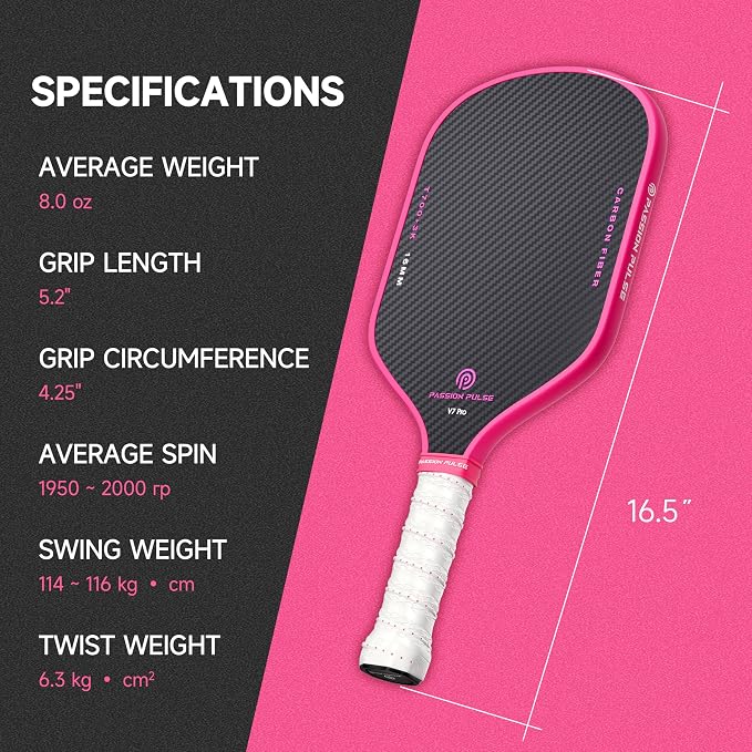 V7 Pro Pickleball Paddle – 3K Raw Carbon Fiber Pickle Ball Paddles with 16mm Polypropylene Core, 3D PulseGrip Handle, – Pickleball Rackets Ideal for All Skill Levels