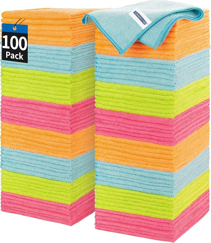 HOMERHYME Microfiber Cleaning Cloth, 100 Pack Cleaning Rags, 12" x 12" Shop Towels, Lint Free Reusable All Purpose Microfiber Towels for Cars Kitchen House Office Automotive
