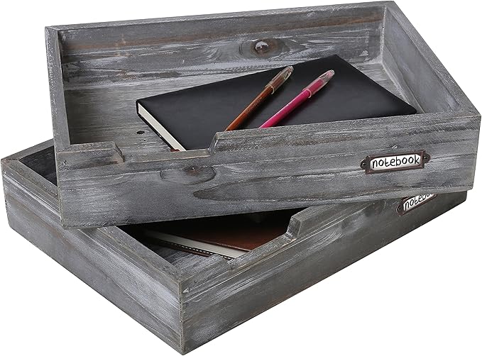 Set of 2 Ash Gray Wood Office Desktop Document Letter Paper Trays, Stackable Decorative Multipurpose File Organizer